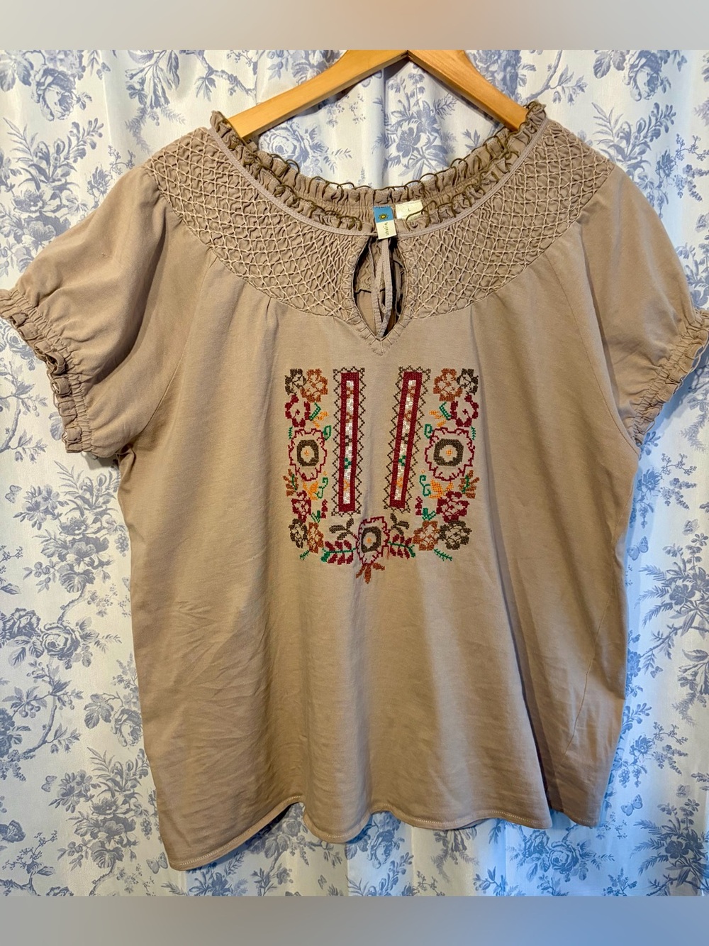 Summer khaki BoHo shirt with embroidery